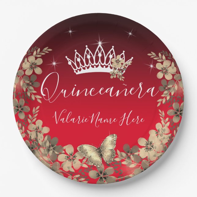 Flowers and Butterfly Quinceanera Red Gold Paper Plate (Front)