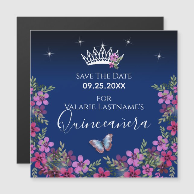 Flowers and Butterfly Quinceanera Save the Date (Front/Back)