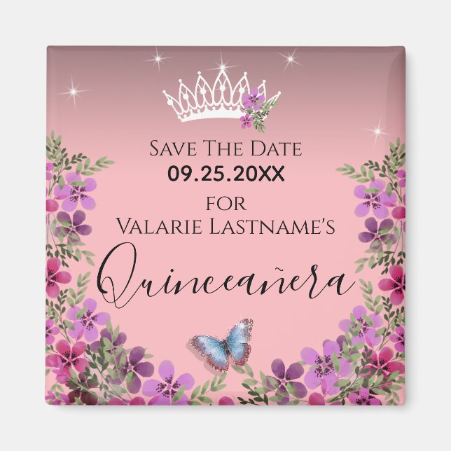 Flowers and Butterfly Quinceanera Save the Date Magnet (Front)