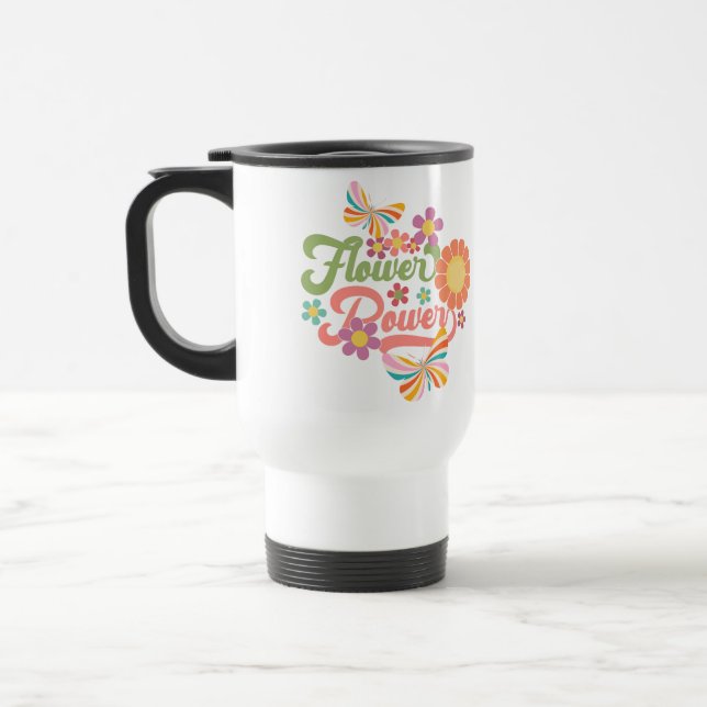  Flowers and Butterfly Retro Travel Mug (Left)