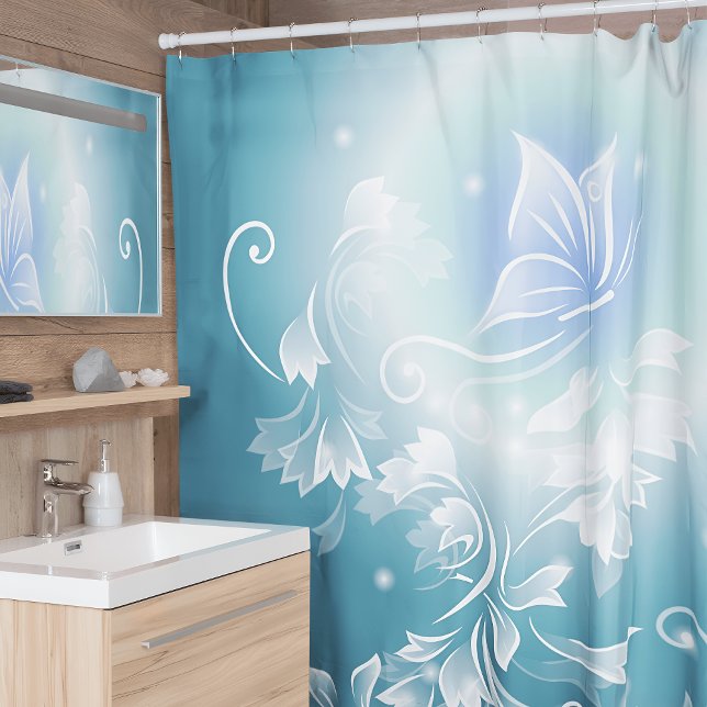 Flowers and Butterfly Teal Shower Curtain (Creator Uploaded)