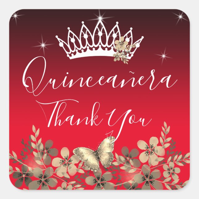Flowers and Butterfly Thank You Quinceanera Square Square Sticker (Front)