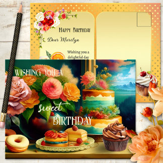 Flowers and Cake Festive Birthday Postcard