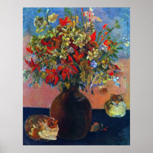 Flowers and Cats by Gauguin, Vintage Fine Art Poster