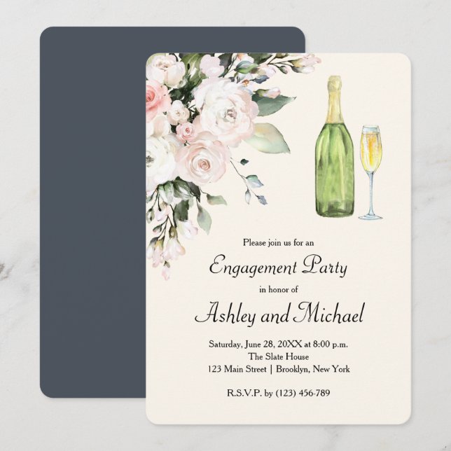 Flowers and Champagne Engagement Party Invitation (Front/Back)