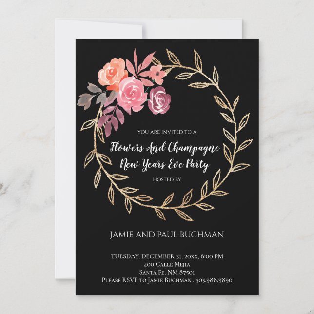 Flowers And Champagne New Years Eve Party Invitation (Front)