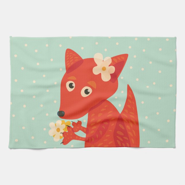 Flowers And Cute Fox Tea Towel (Horizontal)