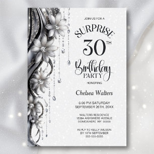 Flowers and Diamonds Surprise 30th Birthday Party Invitation