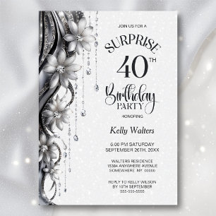 Flowers and Diamonds Surprise 40th Birthday Party Invitation