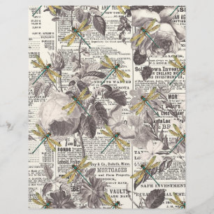 Flowers and dragonflies on newsprint