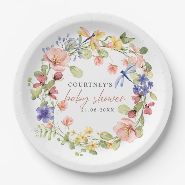 Flowers and Dragonflies Romantic Boho Baby Shower Paper Plate (Front)