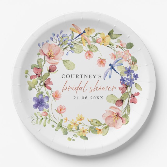 Flowers and Dragonflies Romantic Bridal Shower Paper Plate (Front)