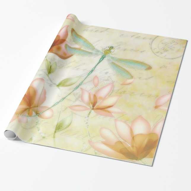 Flowers and dragonfly wrapping paper (Unrolled)