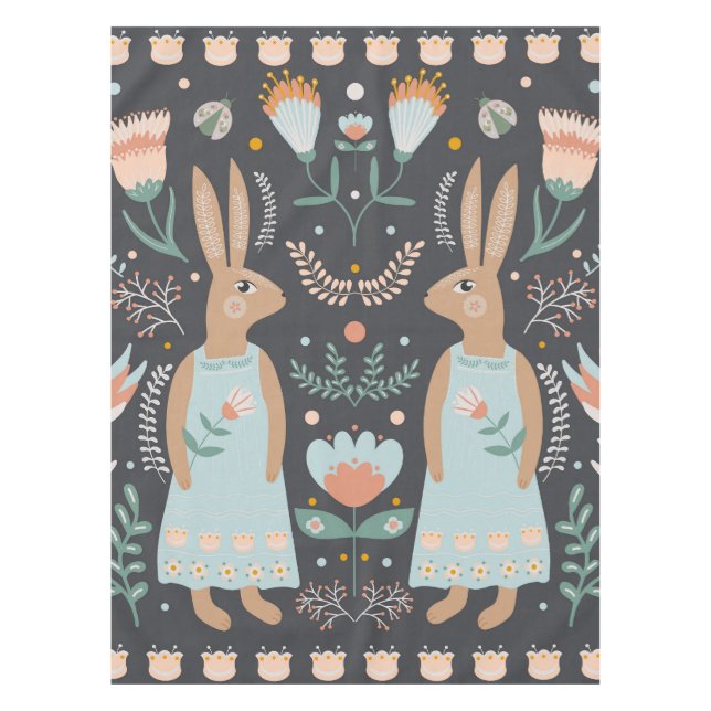Flowers and Easter Bunny Scandinavian Folk Art  Tablecloth (Front)