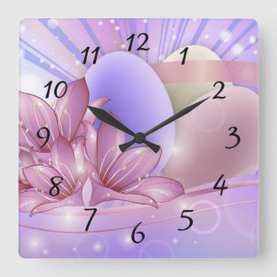 Flowers and eggs on a colorful pastel background square wall clock