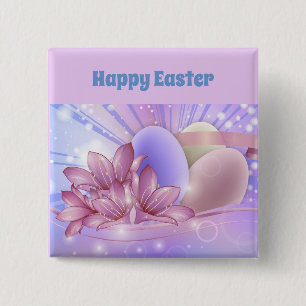 Flowers and eggs on a colourful pastel background 15 cm square badge