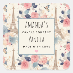 Flowers and Eiffel Tower Paris Candle Business Square Sticker