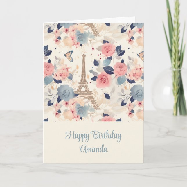 Flowers and Eiffel Tower Paris Pattern Birthday Card (Front)