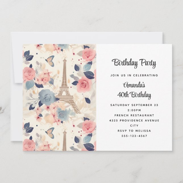 Flowers and Eiffel Tower Paris Pattern Birthday Invitation (Front)
