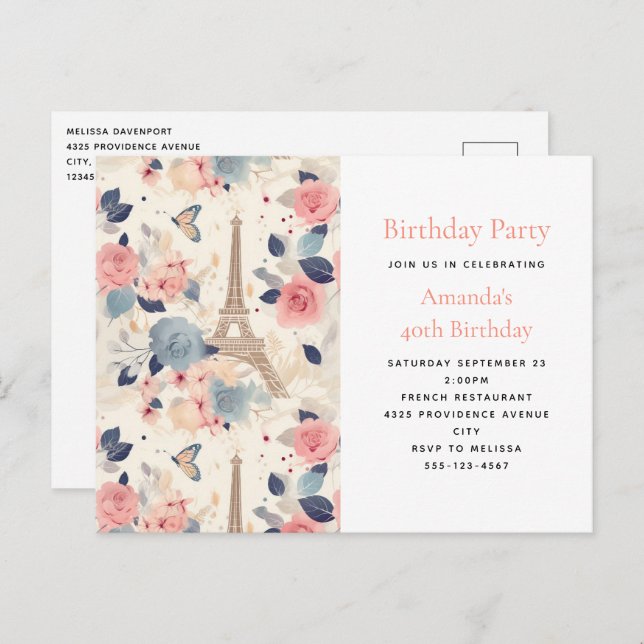 Flowers and Eiffel Tower Paris Pattern Birthday Invitation Postcard (Front/Back)