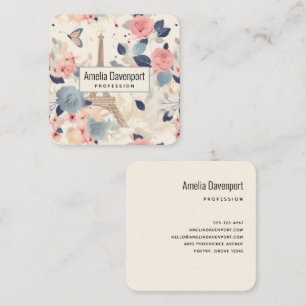 Flowers and Eiffel Tower Paris Pattern Square Business Card