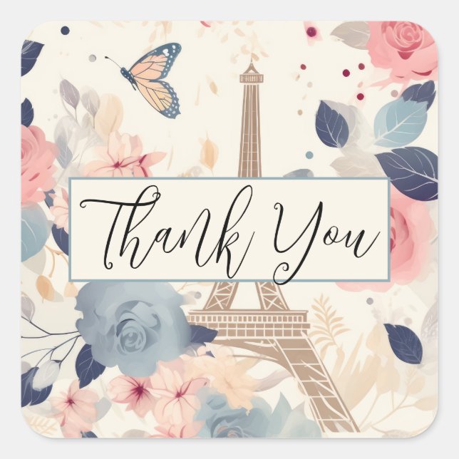 Flowers and Eiffel Tower Paris Thank You Square Sticker (Front)