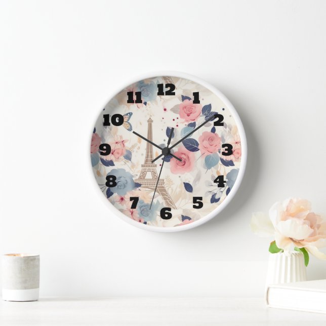 Flowers and Eiffel Tower Paris Travel Pattern Clock (Home)