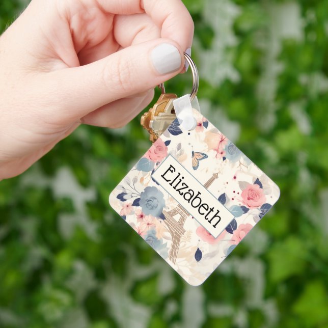 Flowers and Eiffel Tower Paris Travel Pattern Key Ring (Hand)