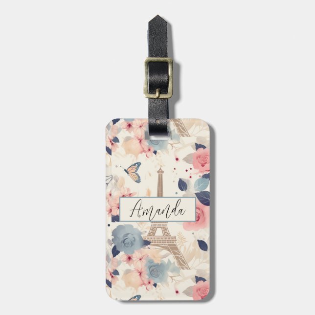 Flowers and Eiffel Tower Paris Travel Pattern Luggage Tag (Front Vertical)