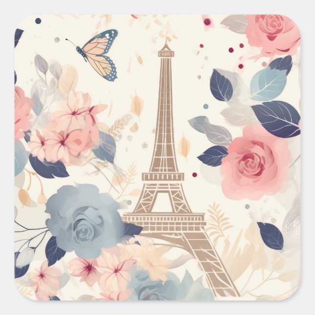 Flowers and Eiffel Tower Paris Travel Pattern Square Sticker (Front)
