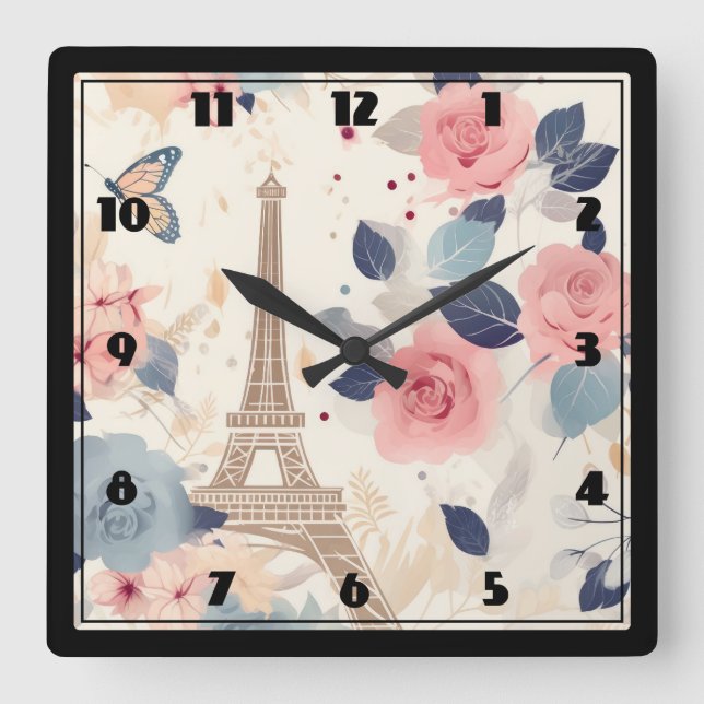 Flowers and Eiffel Tower Paris Travel Pattern Square Wall Clock (Front)