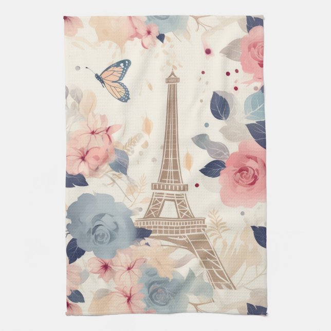 Flowers and Eiffel Tower Paris Travel Pattern Tea Towel (Vertical)