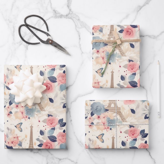Flowers and Eiffel Tower Paris Travel Pattern Wrapping Paper Sheet (Front)
