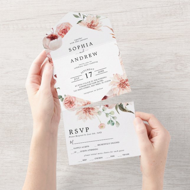 Flowers and Eucalyptus Leaves Wedding All In One Invitation (Tearaway)
