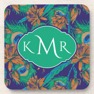 Flowers And Feathers   Monogram Coaster
