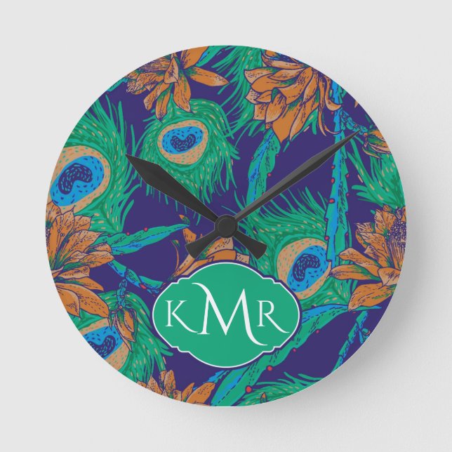 Flowers And Feathers | Monogram Round Clock (Front)