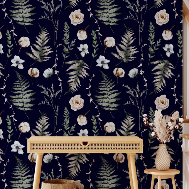 Flowers and Fern Leaves Floral Botanical Pattern Wallpaper (In situ)