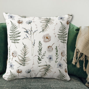Flowers and Fern Leaves Forest Floral Botanical Cushion