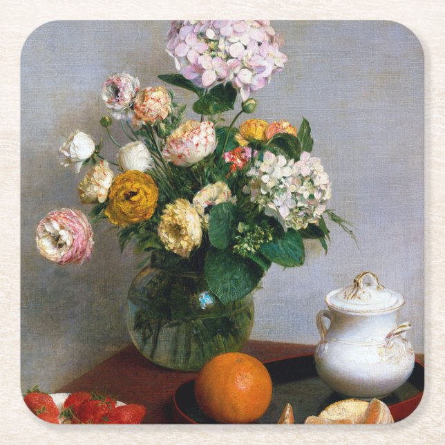 Flowers and Fruit, Henri Fantin-Latour Square Paper Coaster (Front)