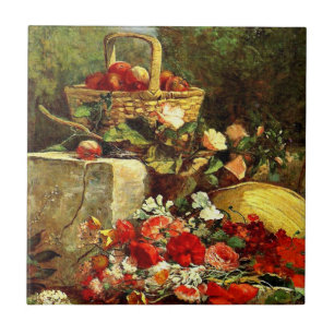 Flowers and Fruit in a Garden, Eugene Boudin art Tile