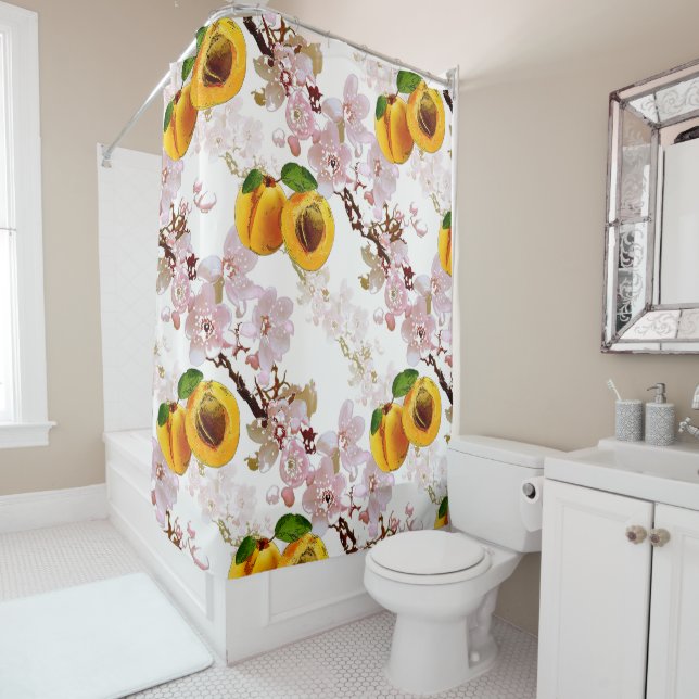 Flowers and fruits of apricot. shower curtain (In Situ)