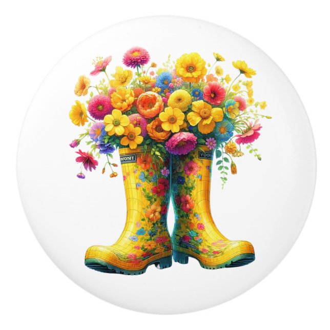 Flowers and Garden Boots Ceramic Knob (Front)