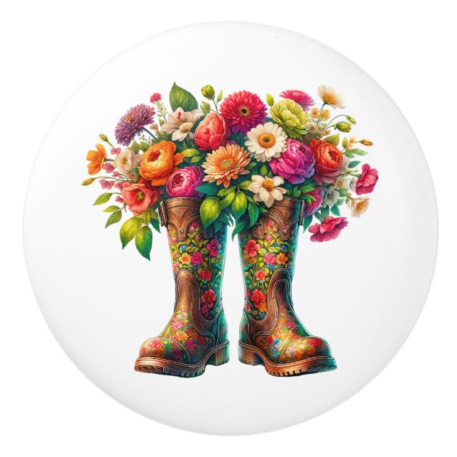 Flowers and Garden Boots Ceramic Knob (Front)