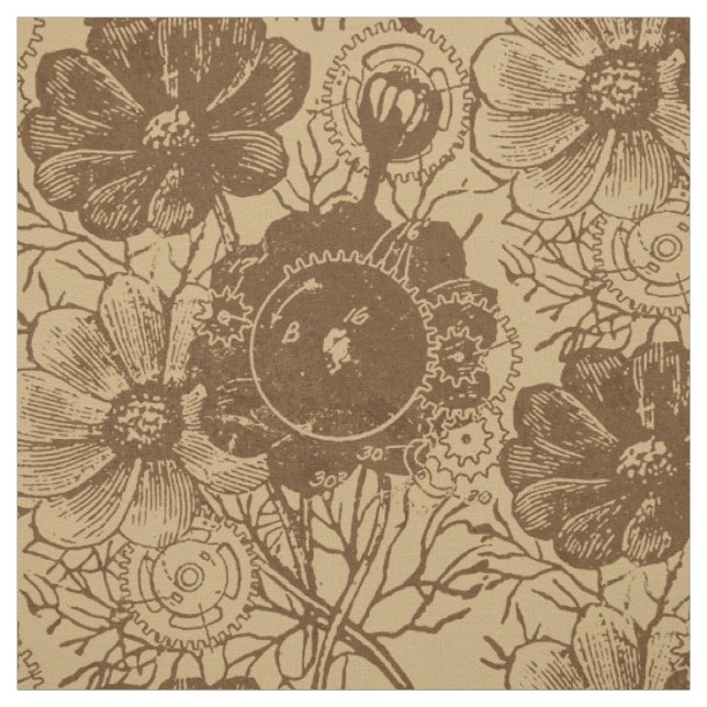 Flowers And Gears Brown Fabric (Swatch)