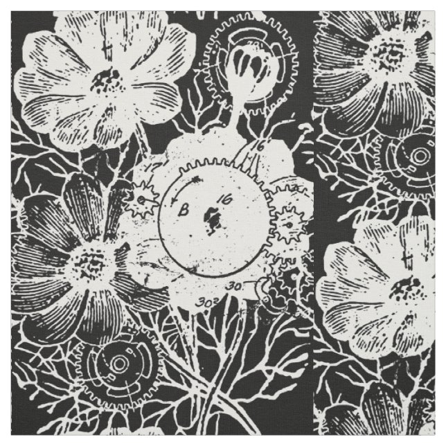 Flowers And Gears White Fabric (Swatch)