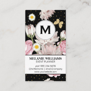 Flowers and Glitter Butterflies Gold Speckled Business Card