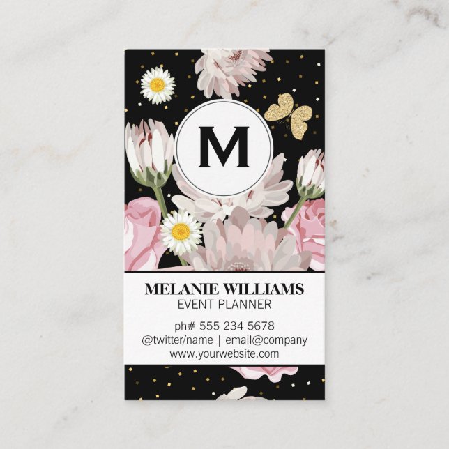 Flowers and Glitter Butterflies | Gold Speckled Business Card (Front)