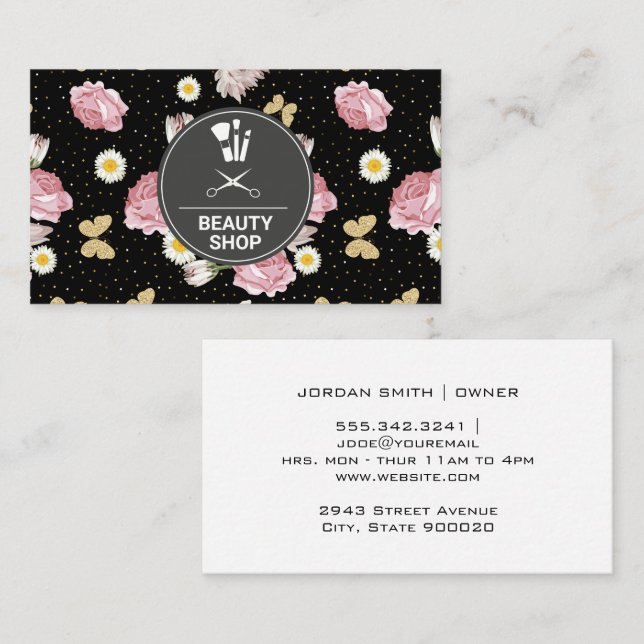 Flowers and Glitter Butterflies | Gold Speckled Business Card (Front/Back)