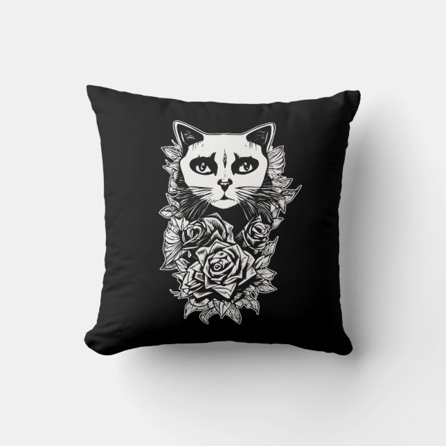 Flowers And Gothic Cat Cushion (Front)
