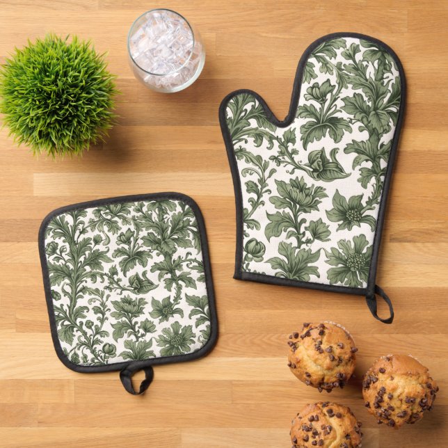 flowers and green leaves oven mitt & pot holder set (Top Down)
